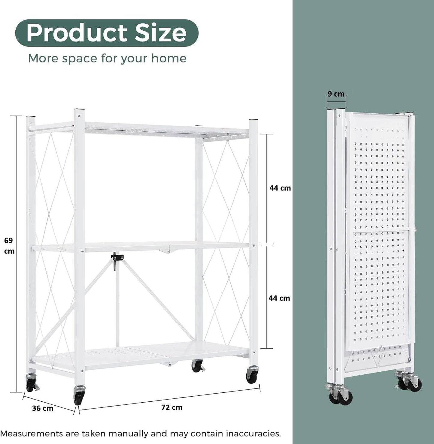CARLA HOME 3-Tier Foldable Storage Shelf with Wheels for Kitchen, Garage, Pantry or Basement (White) - Image 3