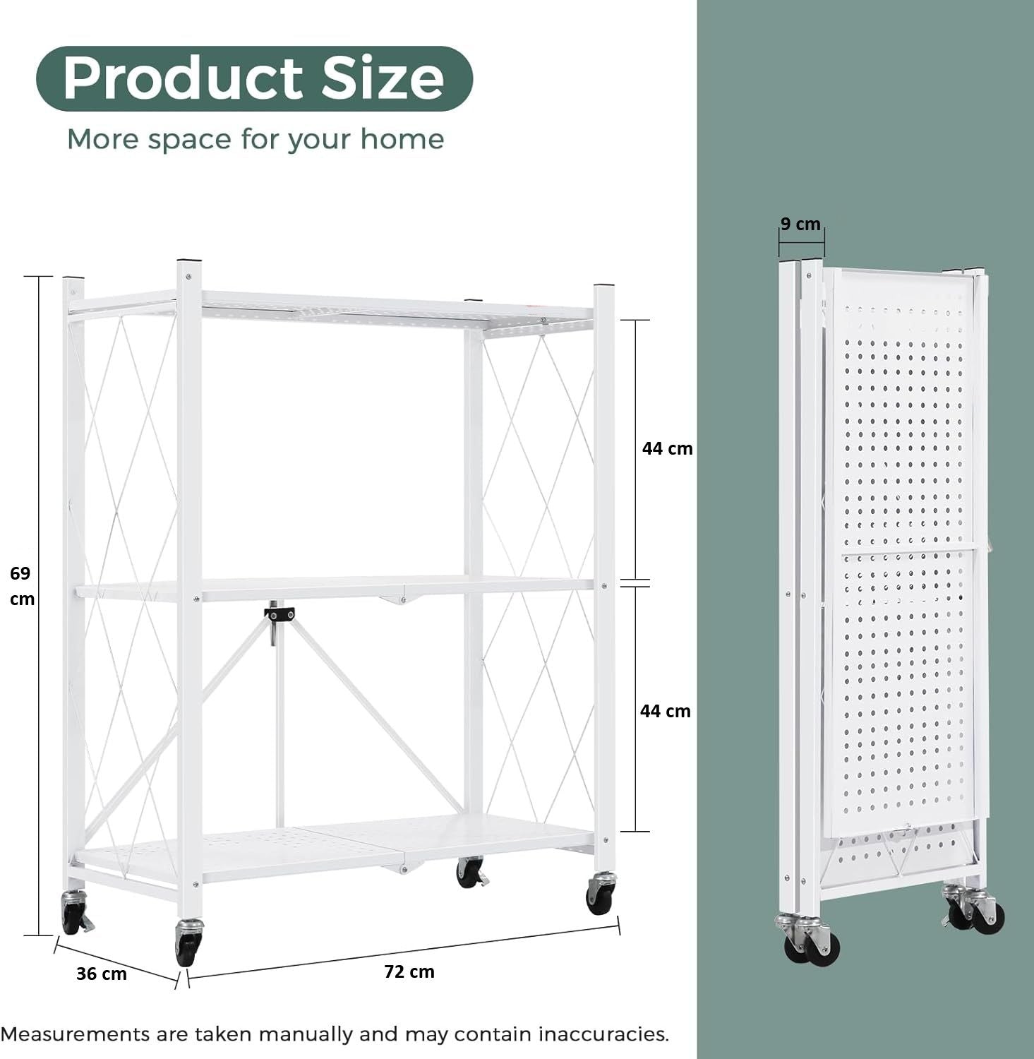 CARLA HOME 3-Tier Foldable Storage Shelf with Wheels for Kitchen, Garage, Pantry or Basement (White) - Image 3
