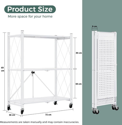 CARLA HOME 3-Tier Foldable Storage Shelf with Wheels for Kitchen, Garage, Pantry or Basement (White) - Image 3