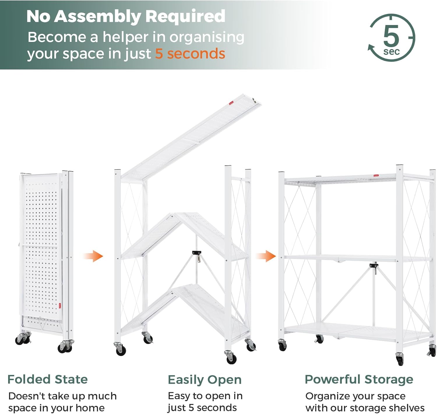CARLA HOME 3-Tier Foldable Storage Shelf with Wheels for Kitchen, Garage, Pantry or Basement (White) - Image 4