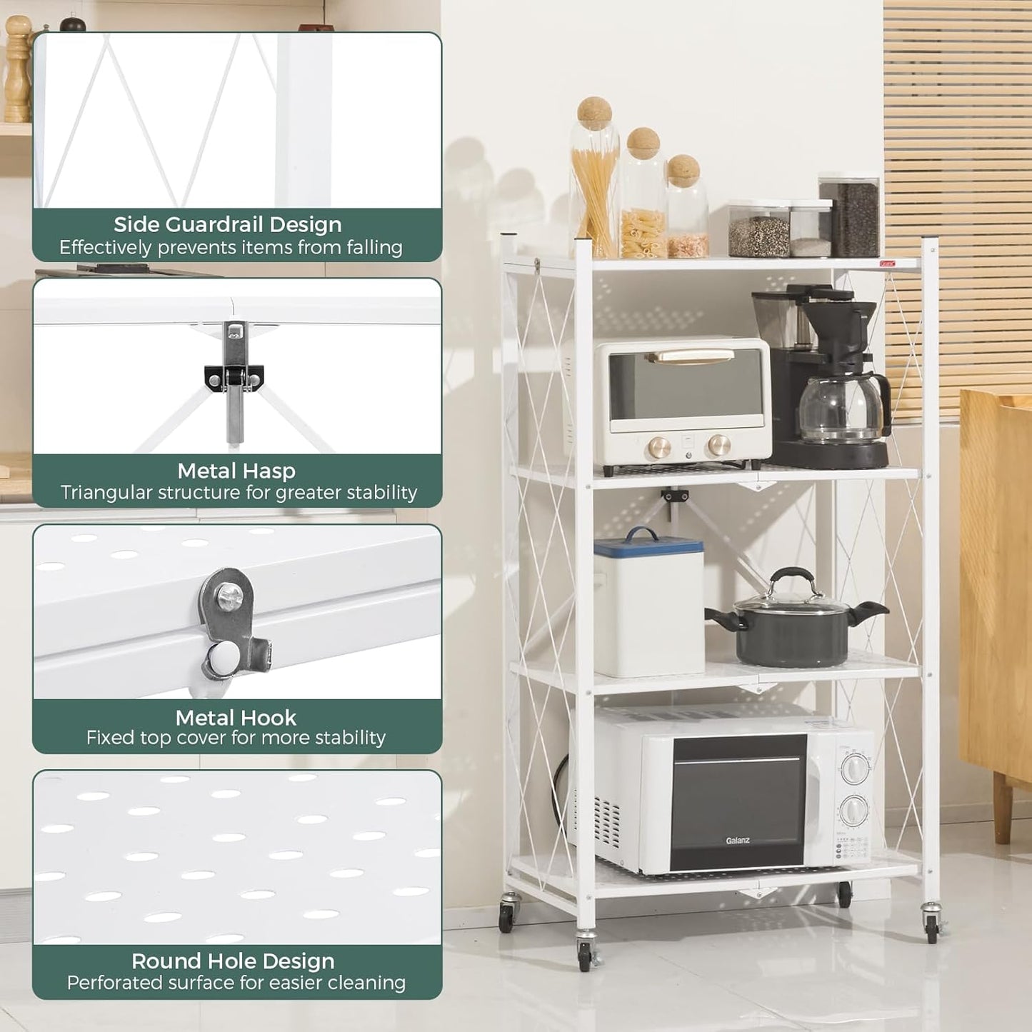 CARLA HOME 3-Tier Foldable Storage Shelf with Wheels for Kitchen, Garage, Pantry or Basement (White) - Image 5