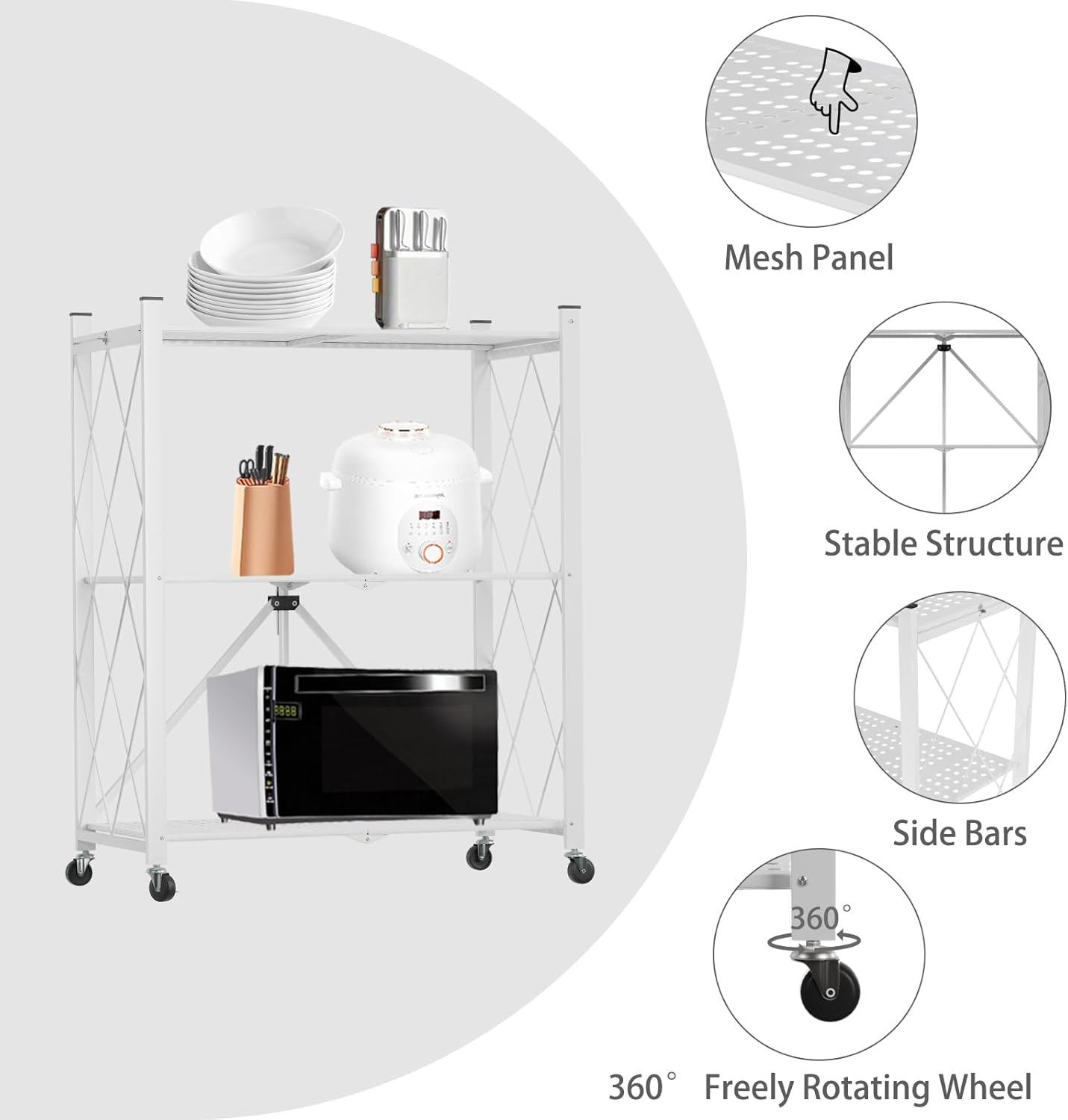 CARLA HOME 3-Tier Foldable Storage Shelf with Wheels for Kitchen, Garage, Pantry or Basement (White) - Image 6