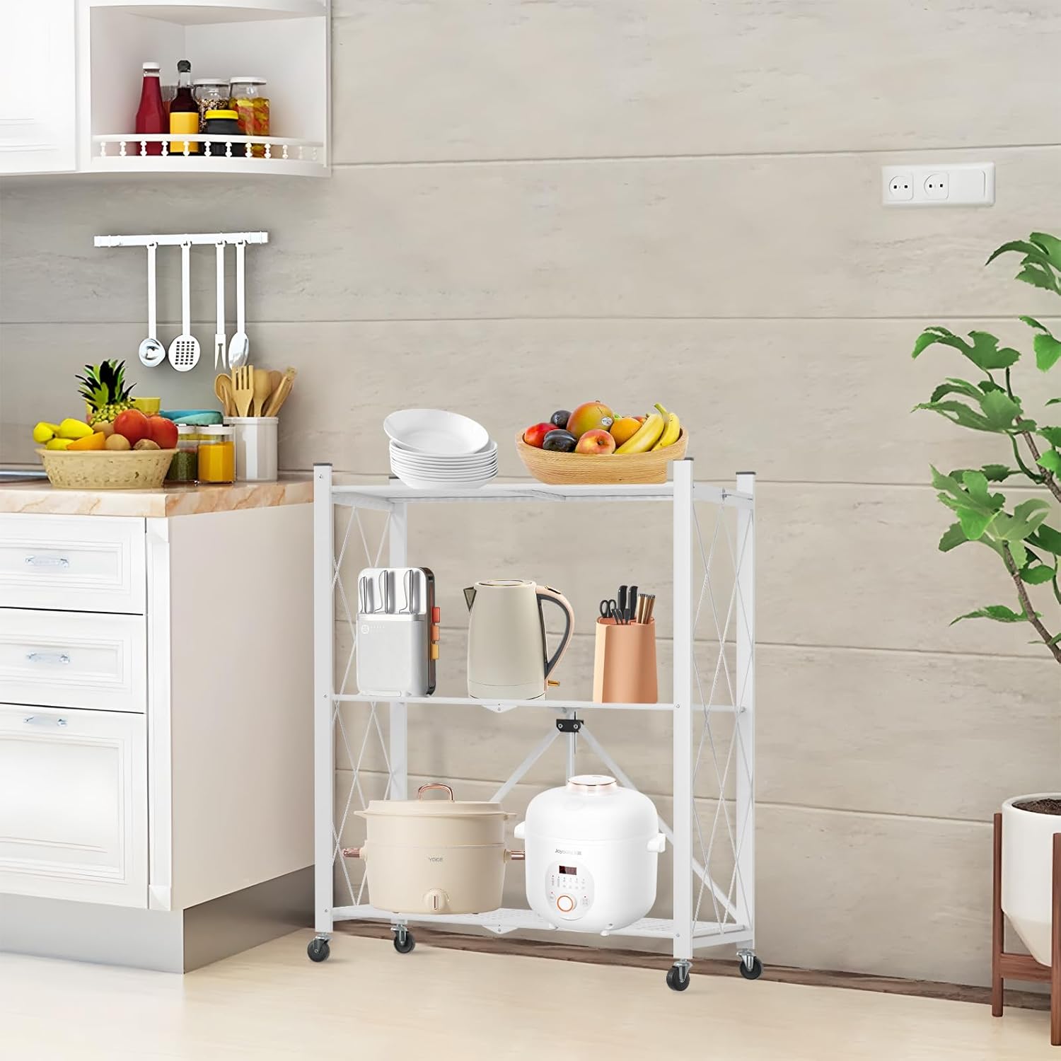 CARLA HOME 3-Tier Foldable Storage Shelf with Wheels for Kitchen, Garage, Pantry or Basement (White) - Image 8