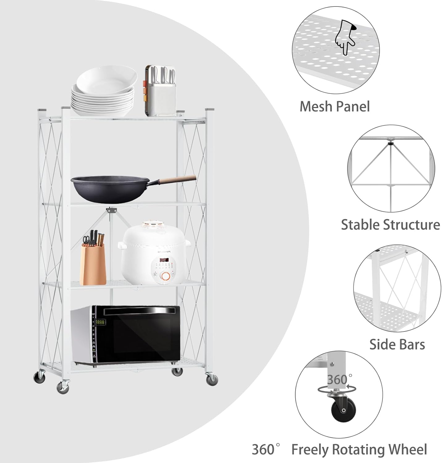 CARLA HOME 4-Tier Foldable Storage Shelf with Wheels for Kitchen, Garage, Pantry or Basement (White) - Image 6