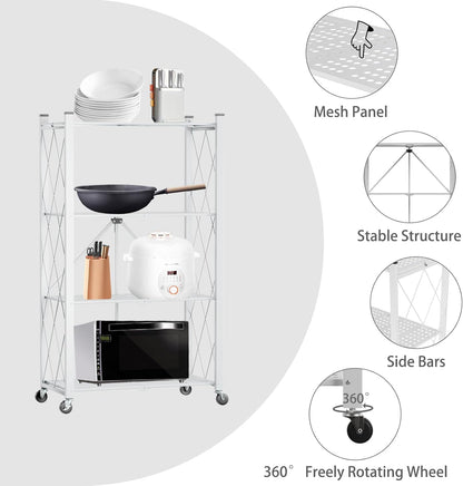 CARLA HOME 4-Tier Foldable Storage Shelf with Wheels for Kitchen, Garage, Pantry or Basement (White) - Image 6