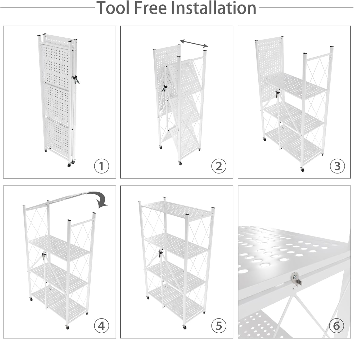 CARLA HOME 4-Tier Foldable Storage Shelf with Wheels for Kitchen, Garage, Pantry or Basement (White) - Image 8