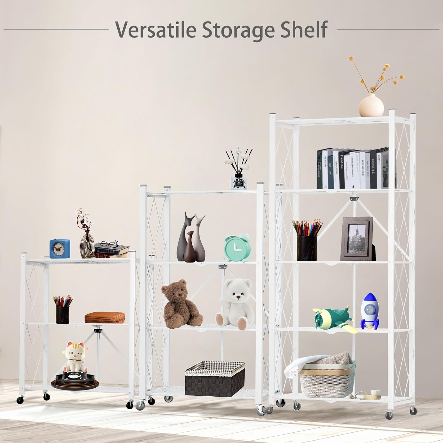 CARLA HOME 4-Tier Foldable Storage Shelf with Wheels for Kitchen, Garage, Pantry or Basement (White) - Image 9