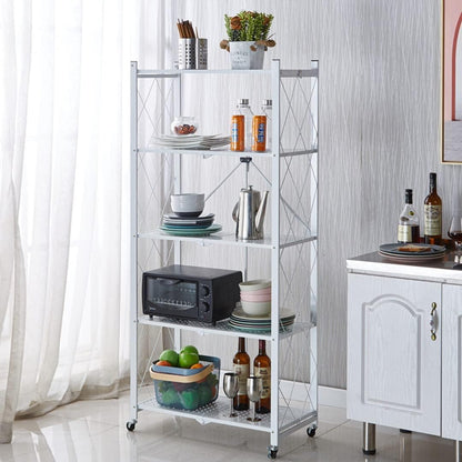 CARLA HOME 5-Tier Foldable Storage Shelf with Wheels for Kitchen, Garage, Pantry or Basement (White) - Image 4
