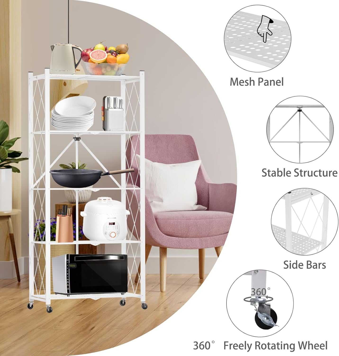 CARLA HOME 5-Tier Foldable Storage Shelf with Wheels for Kitchen, Garage, Pantry or Basement (White) - Image 6