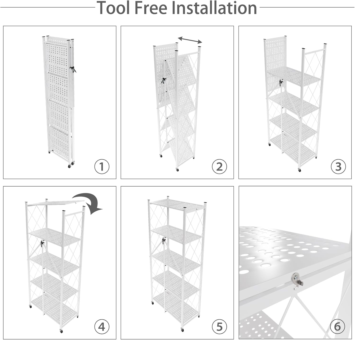 CARLA HOME 5-Tier Foldable Storage Shelf with Wheels for Kitchen, Garage, Pantry or Basement (White) - Image 8