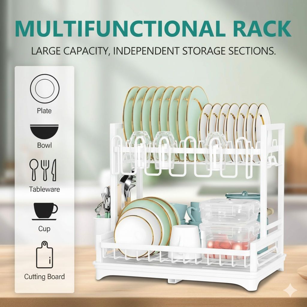 CARLA HOME Dish Drying Rack 2-Tier Kitchen Drainer with Drainboard (White) - Image 2