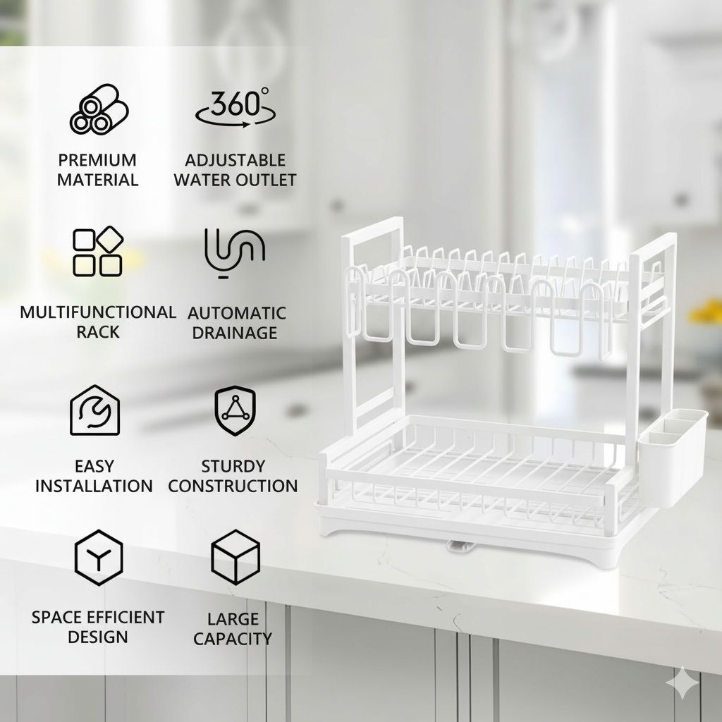 CARLA HOME Dish Drying Rack 2-Tier Kitchen Drainer with Drainboard (White) - Image 3