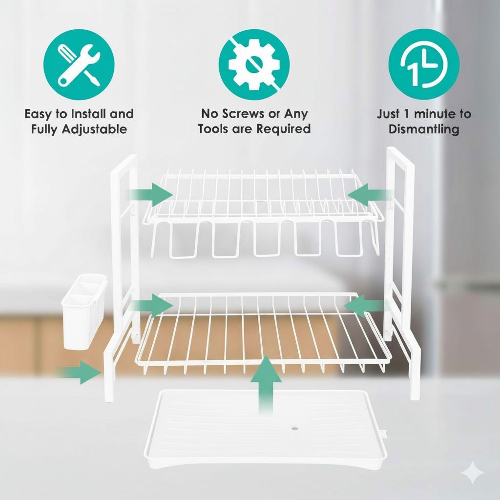 CARLA HOME Dish Drying Rack 2-Tier Kitchen Drainer with Drainboard (White) - Image 5
