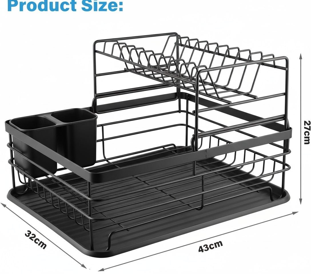 CARLA HOME 2-Tier Dish Drying Rack for Kitchen Counter with Removable Drip Tray, Utensil Holder and Cutlery Organizer (Black) - Image 2