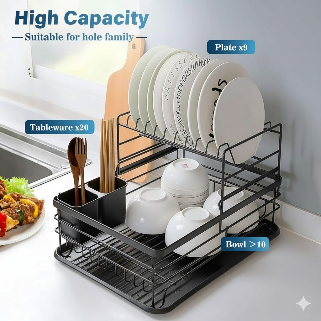 CARLA HOME 2-Tier Dish Drying Rack for Kitchen Counter with Removable Drip Tray, Utensil Holder and Cutlery Organizer (Black) - Image 3