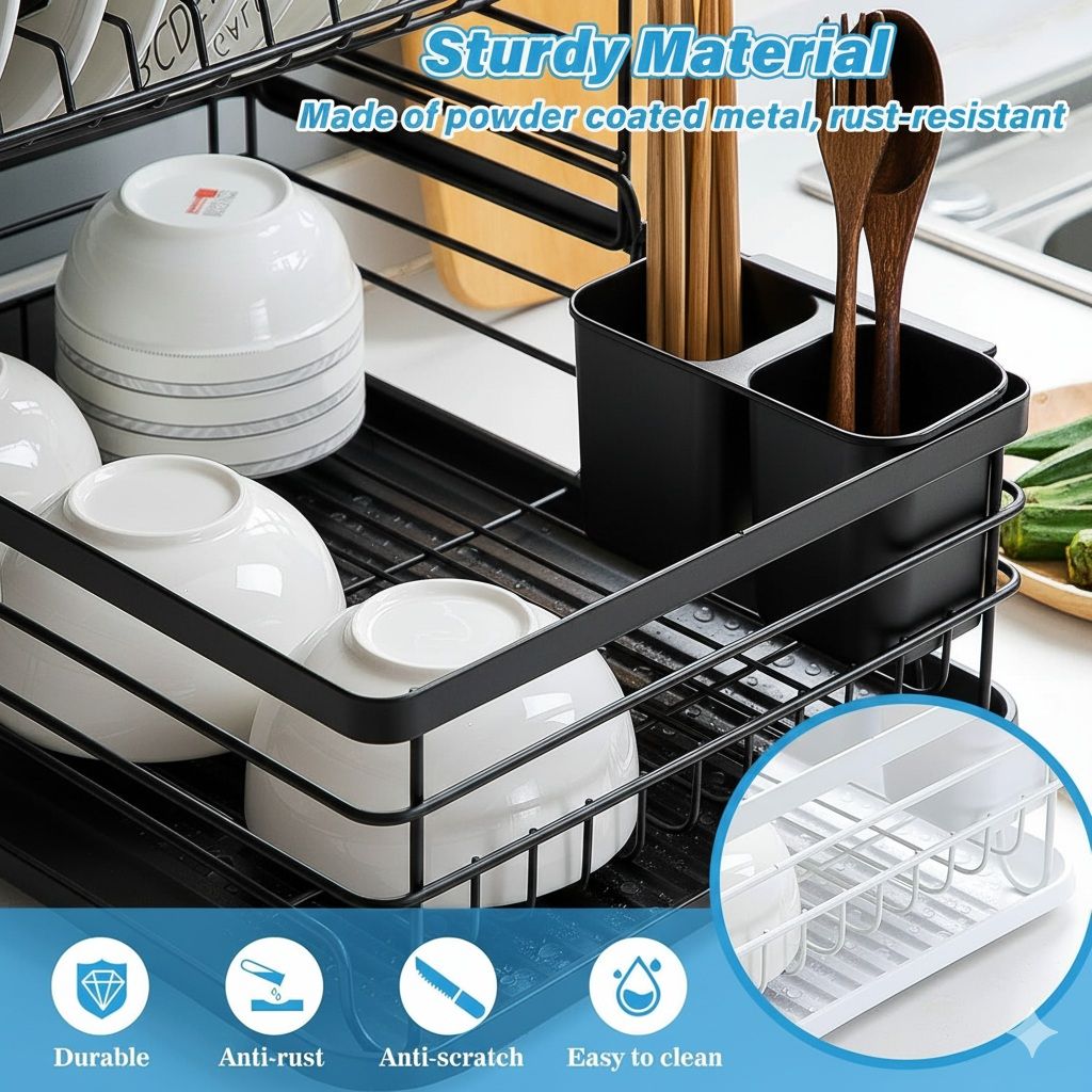 CARLA HOME 2-Tier Dish Drying Rack for Kitchen Counter with Removable Drip Tray, Utensil Holder and Cutlery Organizer (Black) - Image 4