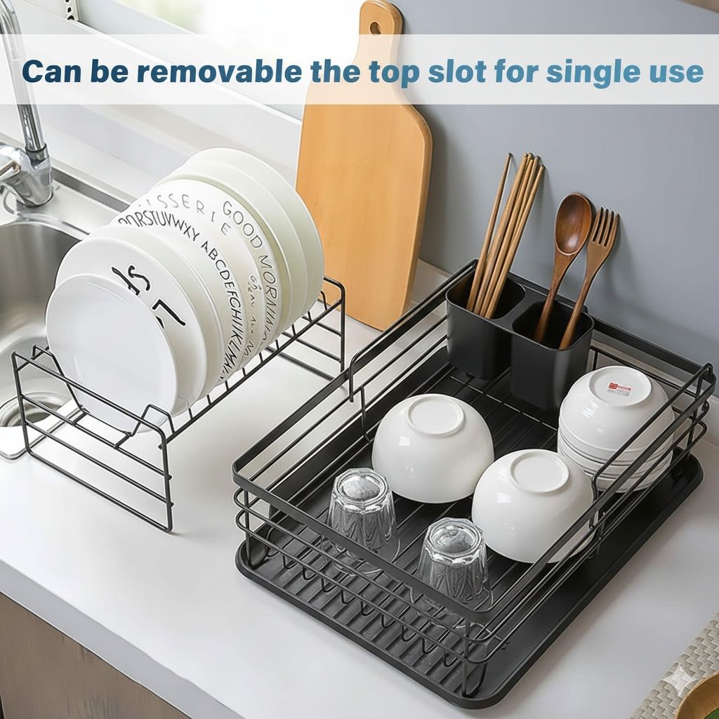 CARLA HOME 2-Tier Dish Drying Rack for Kitchen Counter with Removable Drip Tray, Utensil Holder and Cutlery Organizer (Black) - Image 5