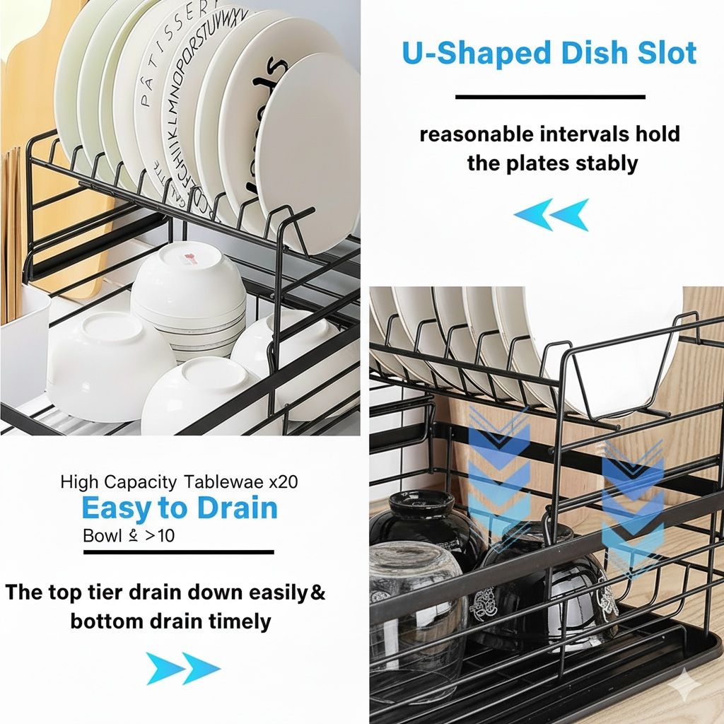 CARLA HOME 2-Tier Dish Drying Rack for Kitchen Counter with Removable Drip Tray, Utensil Holder and Cutlery Organizer (Black) - Image 6