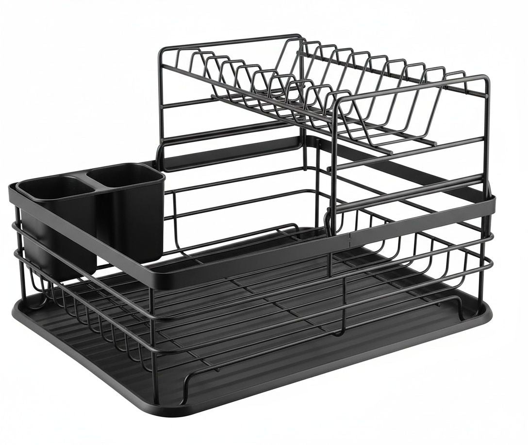 CARLA HOME 2-Tier Dish Drying Rack for Kitchen Counter with Removable Drip Tray, Utensil Holder and Cutlery Organizer (Black) - Image 7