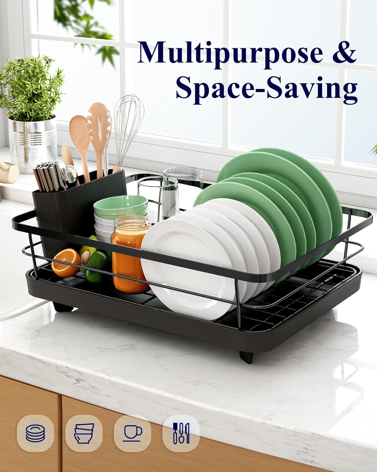 CARLA HOME Dish Drying Rack for Kitchen Counter with Removable Drip Tray, Utensil Holder and Cutlery Organizer - Image 5