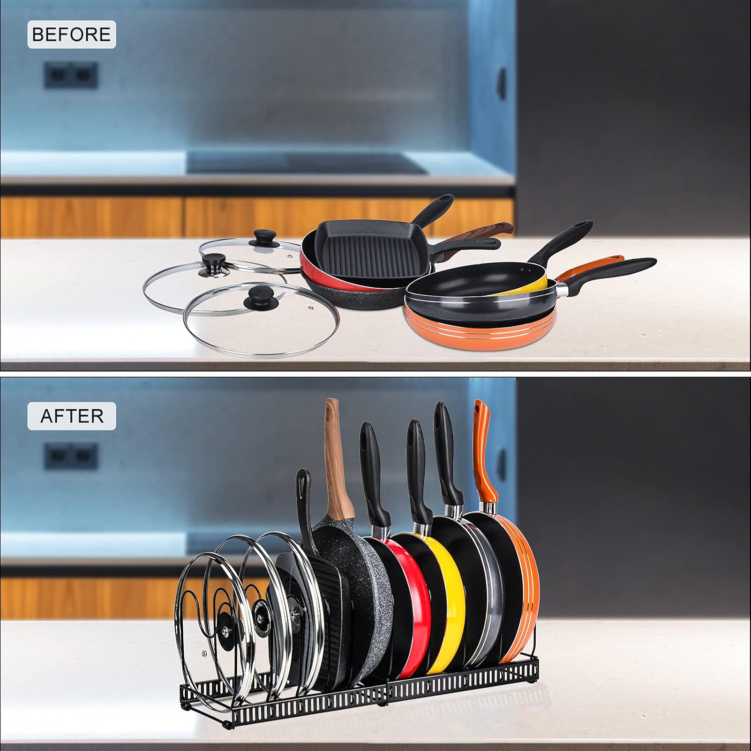 CARLA HOME Expandable Pot and Pan Organizer Rack for Cabinet with 10 Adjustable Dividers, Lid & Cookware Holder for Kitchen Pantry or Countertop Storage - Image 5