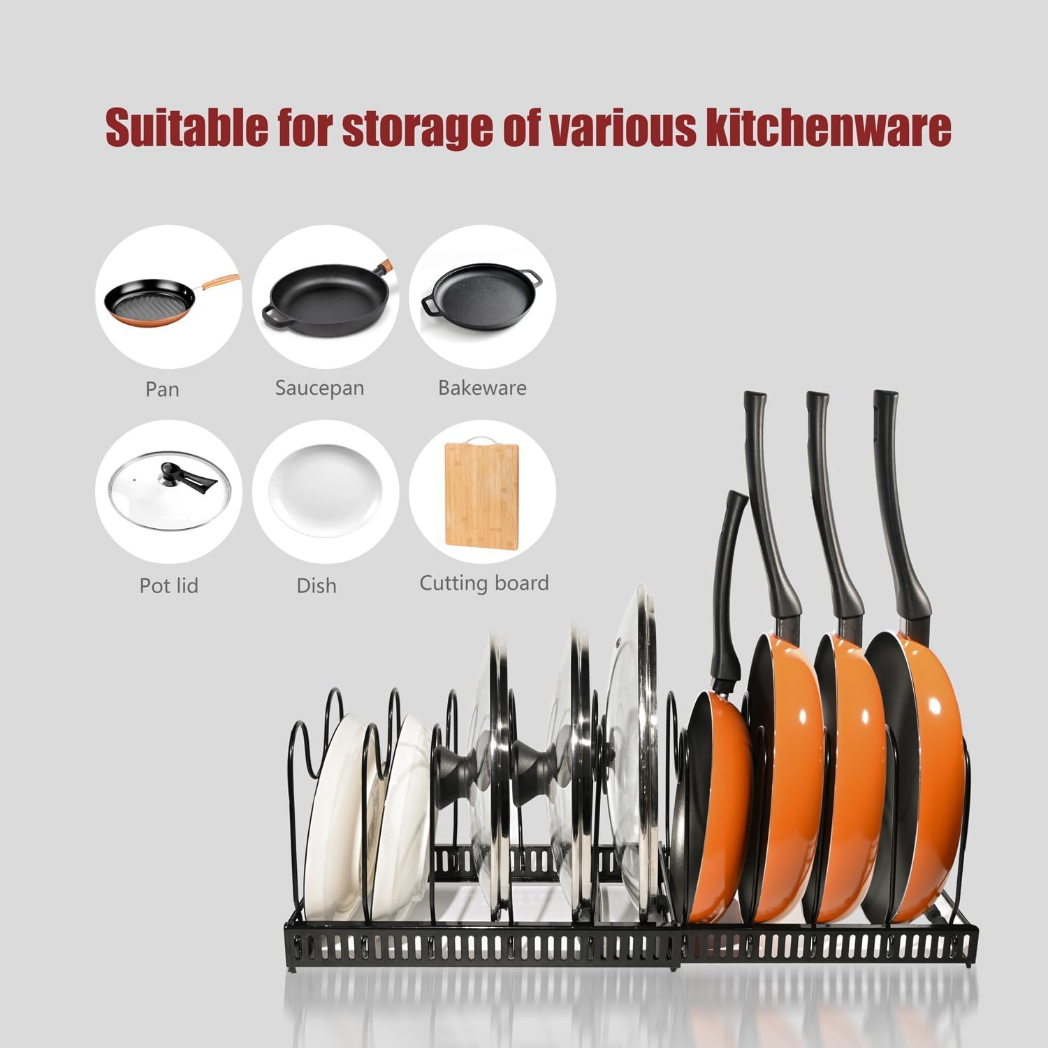 CARLA HOME Expandable Pot and Pan Organizer Rack for Cabinet with 10 Adjustable Dividers, Lid & Cookware Holder for Kitchen Pantry or Countertop Storage - Image 6