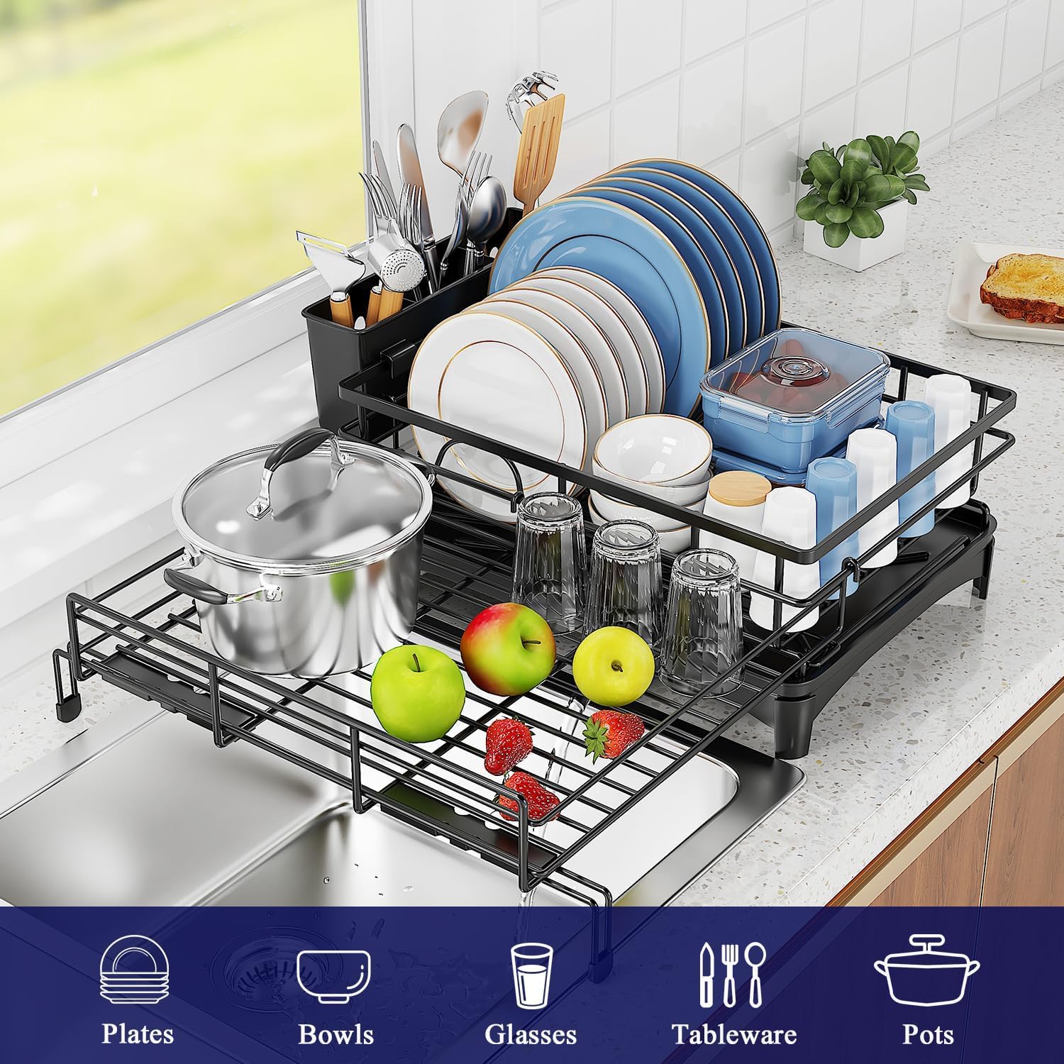 CARLA HOME Expandable Dish Drying Rack with Drainage Spout, Utensil Holder & Drainboardfor Kitchen Countertop Organizer (1 tier) - Image 8