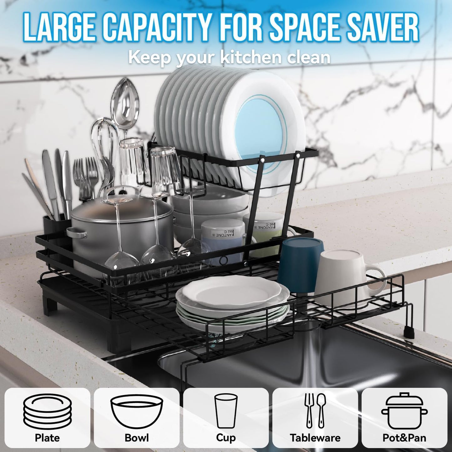 CARLA HOME Expandable Dish Drying Rack with Drainage Spout, Utensil Holder & Drainboardfor Kitchen Countertop Organizer (2 tier) - Image 2