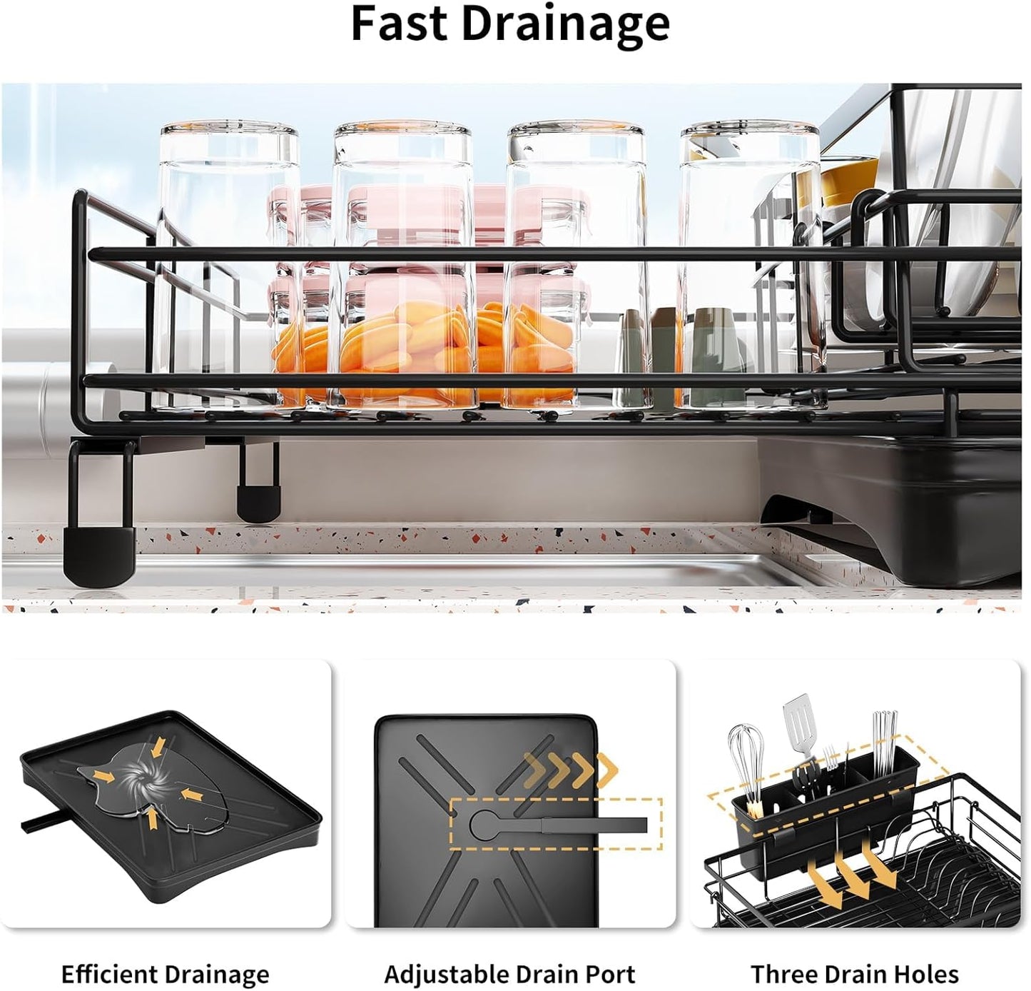 CARLA HOME Expandable Dish Drying Rack with Drainage Spout, Utensil Holder & Drainboardfor Kitchen Countertop Organizer (2 tier) - Image 4