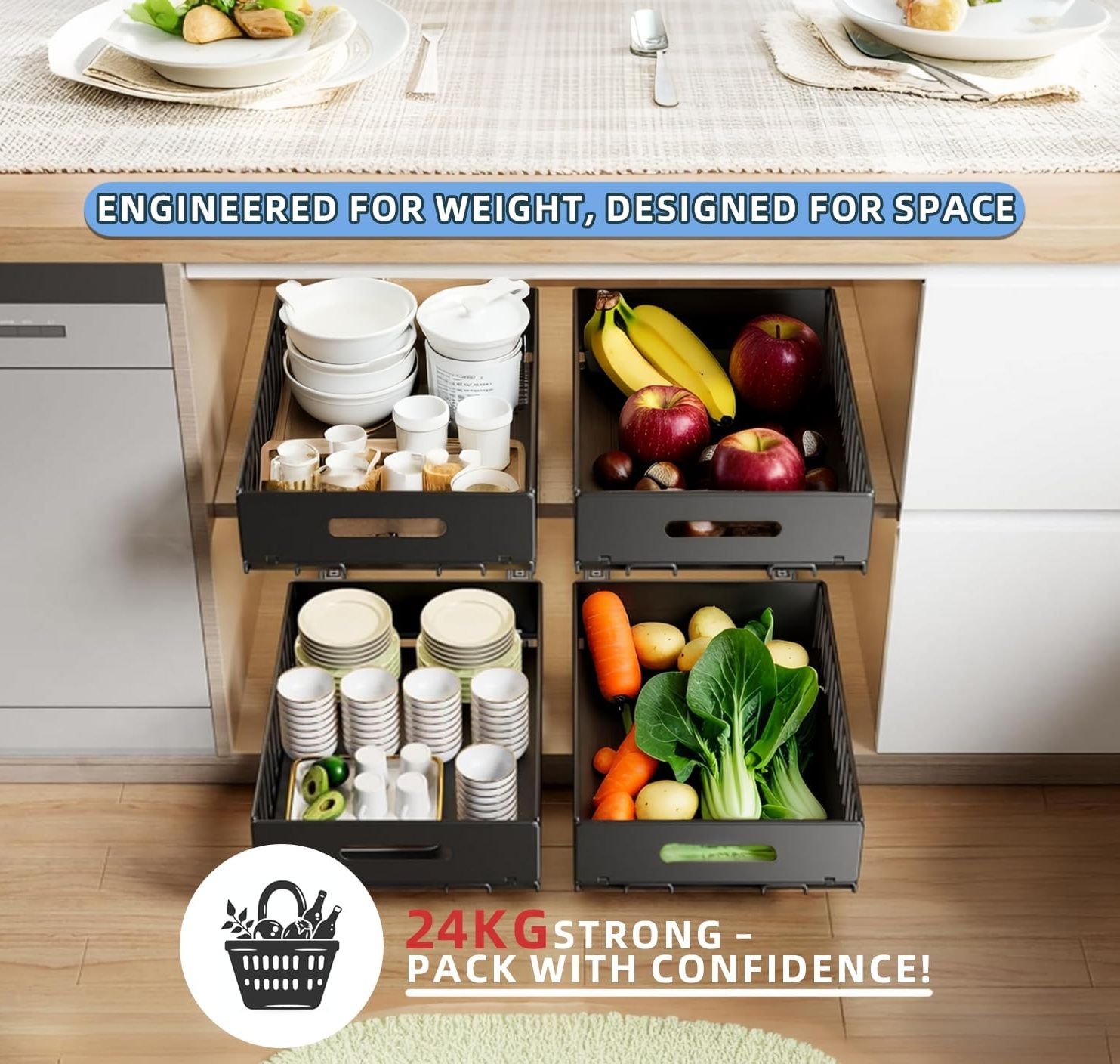 CARLA HOME 2 Pack Pullout Cabinet Kitchen Organizer Drawers with No-Drilling and Adhesive Design for Pantry & Cabinets - Image 3