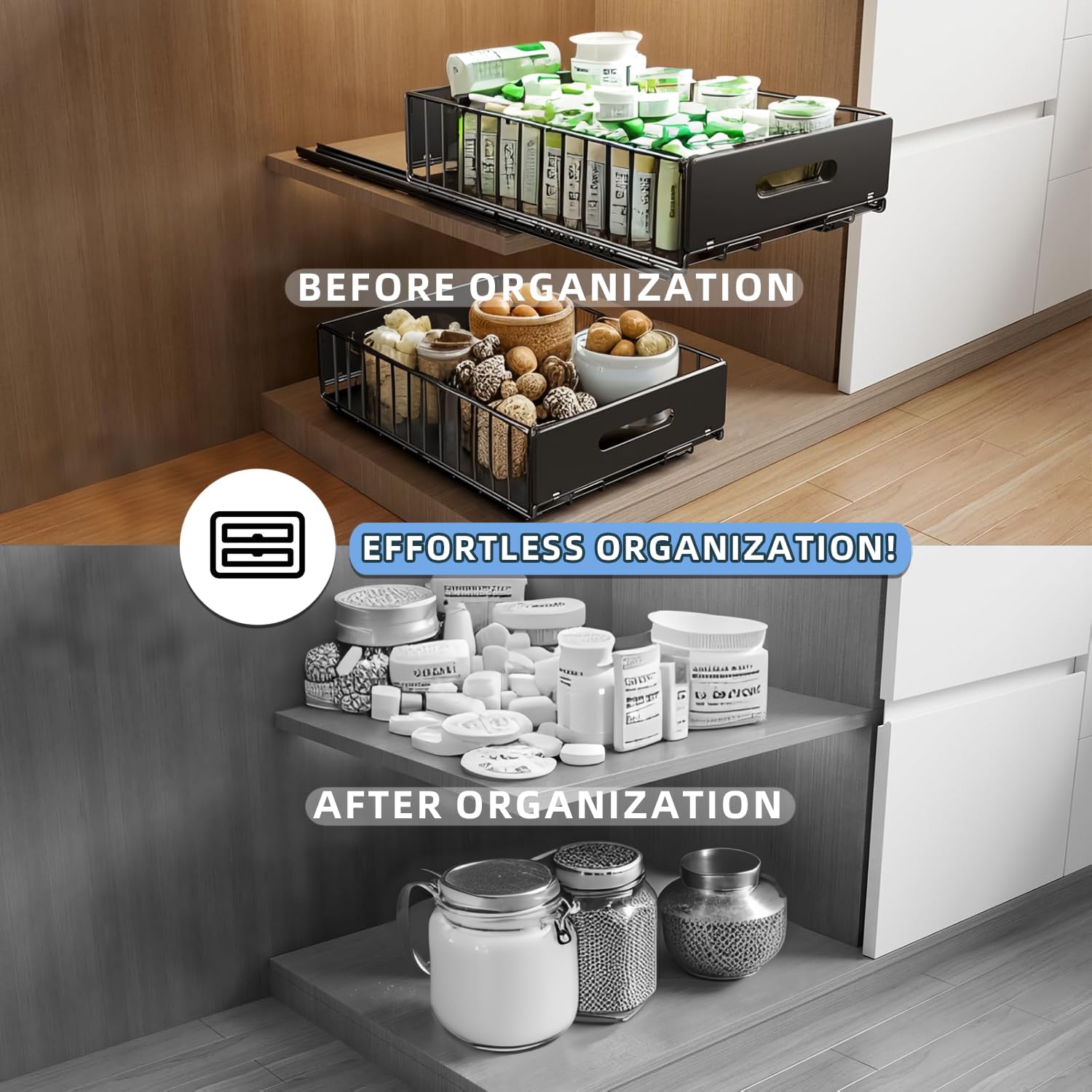 CARLA HOME 2 Pack Pullout Cabinet Kitchen Organizer Drawers with No-Drilling and Adhesive Design for Pantry & Cabinets - Image 4