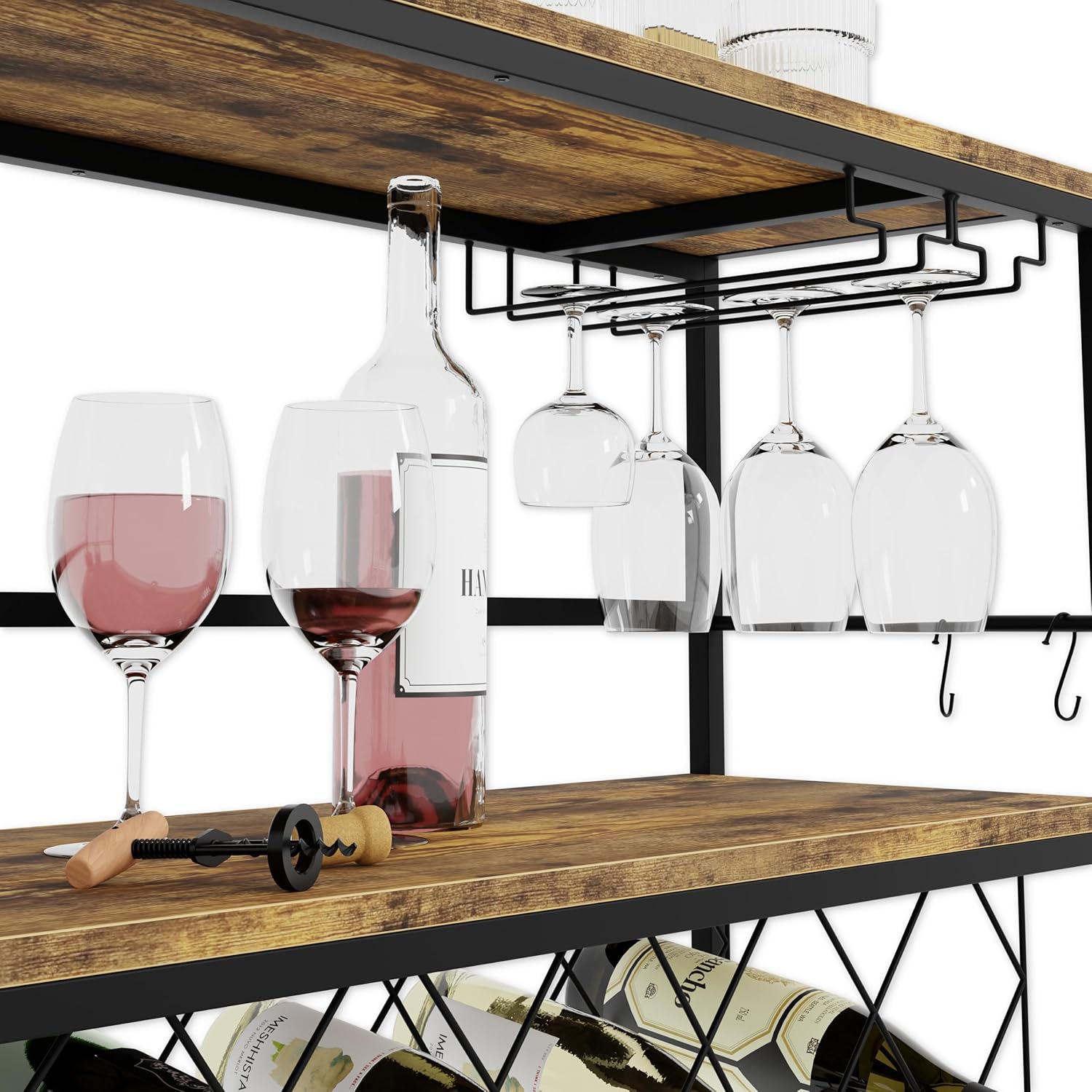CARLA HOME Large Wine Rack with Glass Holder, Metal Designed Bottle Holder and Wood Countertop for Wine & Champagne - Image 6