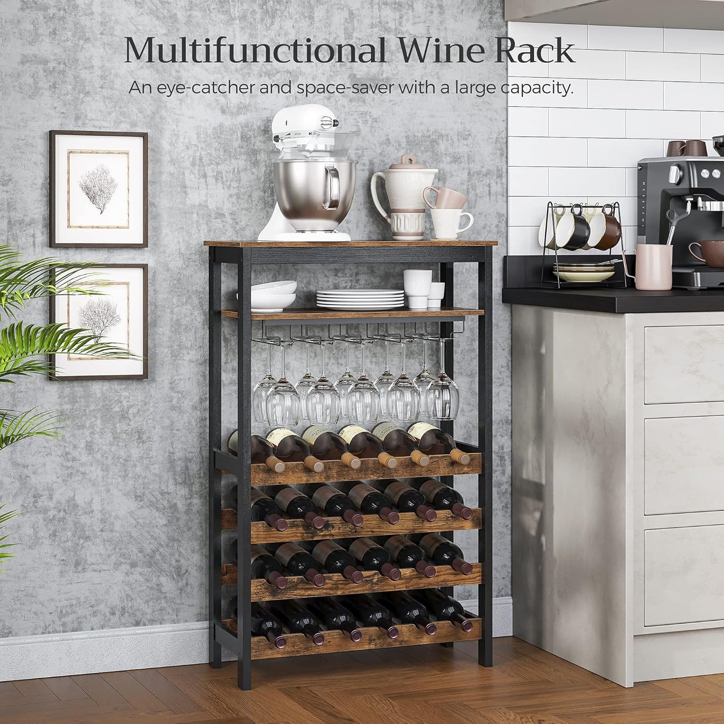 CARLA HOME Large Wine Rack with Glass Holder, Metal Designed Bottle Holder and Wood Countertop up to Wine & Champagne Bottles - Image 2