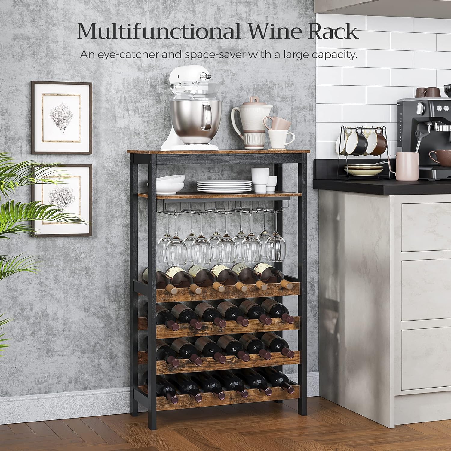 CARLA HOME Large Wine Rack with Glass Holder, Metal Designed Bottle Holder and Wood Countertop up to Wine & Champagne Bottles - Image 2