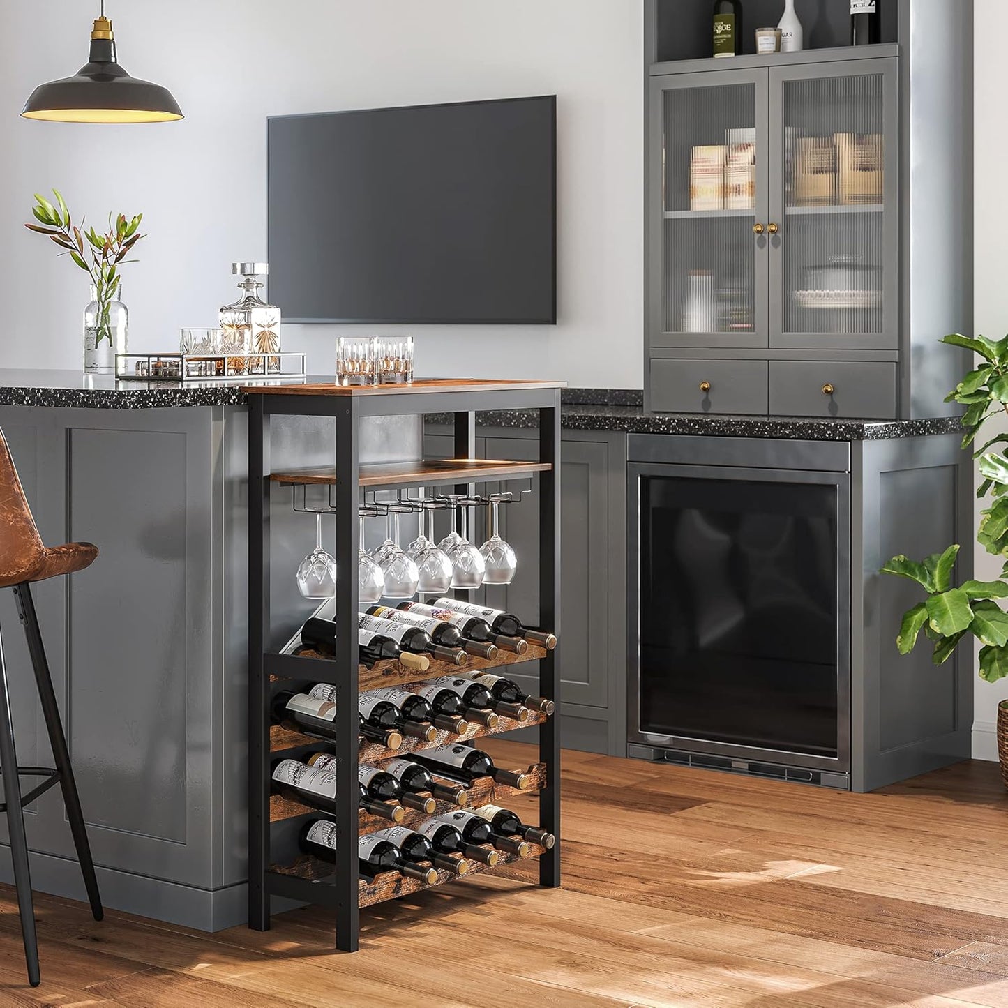 CARLA HOME Large Wine Rack with Glass Holder, Metal Designed Bottle Holder and Wood Countertop up to Wine & Champagne Bottles - Image 3