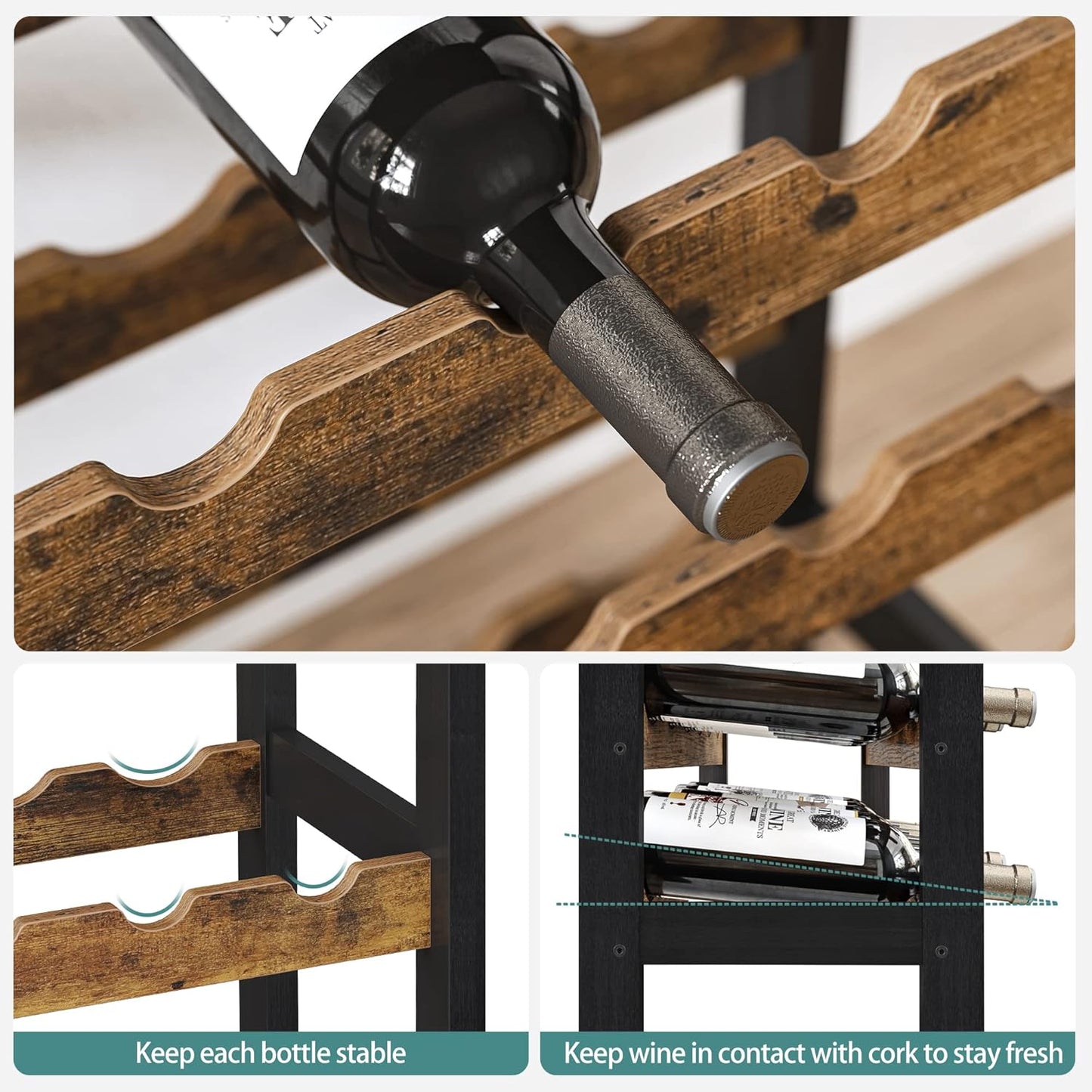 CARLA HOME Large Wine Rack with Glass Holder, Metal Designed Bottle Holder and Wood Countertop up to Wine & Champagne Bottles - Image 5