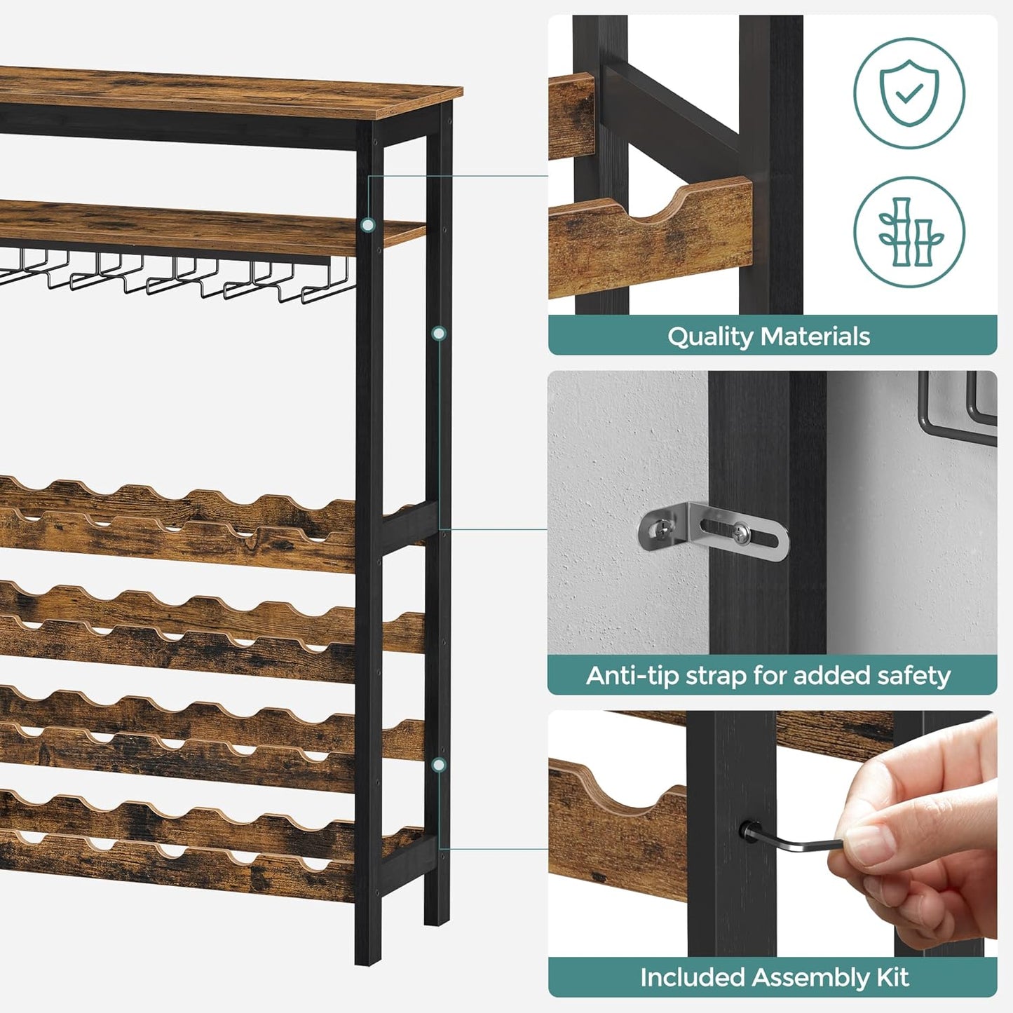 CARLA HOME Large Wine Rack with Glass Holder, Metal Designed Bottle Holder and Wood Countertop up to Wine & Champagne Bottles - Image 6