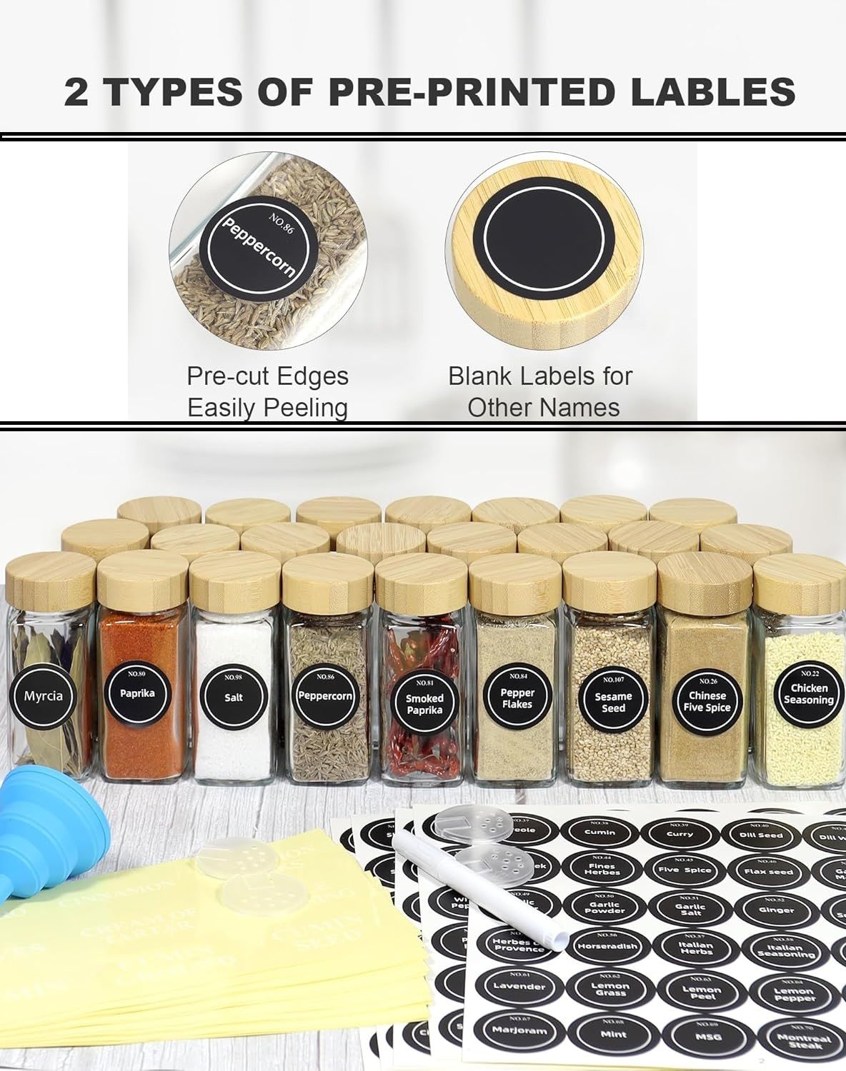 CARLA HOME 24 Glass Spice Jars with Bamboo Lids, Shaker Tops, 180 Spice Labels, White Pen & Funnel for Kitchen Organization, Spice Rack, Seasoning & Herb Storage - Image 3