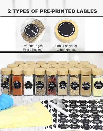 CARLA HOME 24 Glass Spice Jars with Bamboo Lids, Shaker Tops, 180 Spice Labels, White Pen & Funnel for Kitchen Organization, Spice Rack, Seasoning & Herb Storage - Image 3