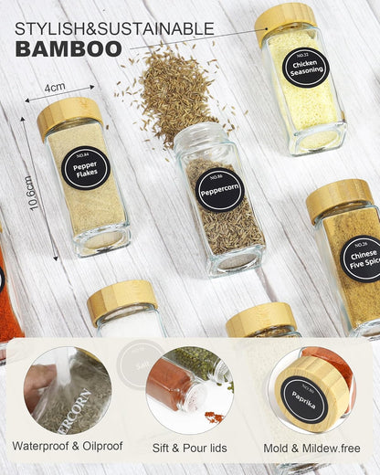 CARLA HOME 24 Glass Spice Jars with Bamboo Lids, Shaker Tops, 180 Spice Labels, White Pen & Funnel for Kitchen Organization, Spice Rack, Seasoning & Herb Storage - Image 5
