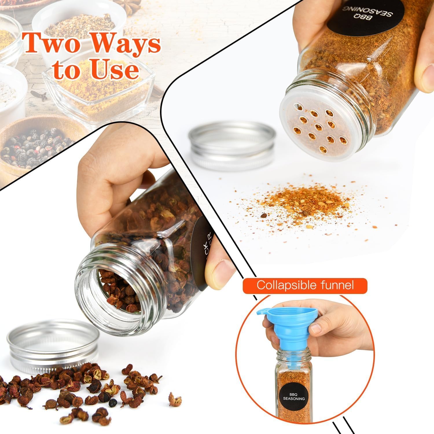 CARLA HOME 24 Glass Spice Jars with Lids, Shaker Tops, 180 Spice Labels, White Pen & Funnel for Kitchen Organization, Spice Rack, Seasoning & Herb Storage - Image 2