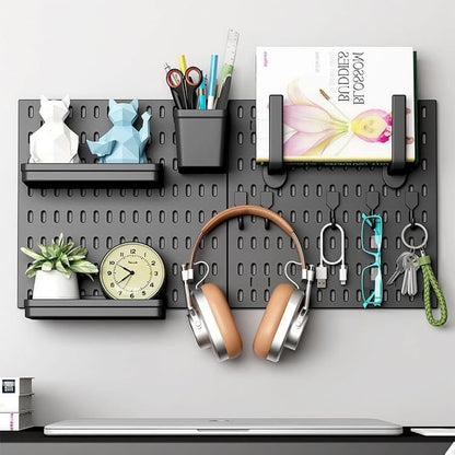 CARLA HOME Pegboard Wall Organizer Kit – 2 Black Modular Pegboards with 10 Accessories for Office, Gaming & Home Storage
