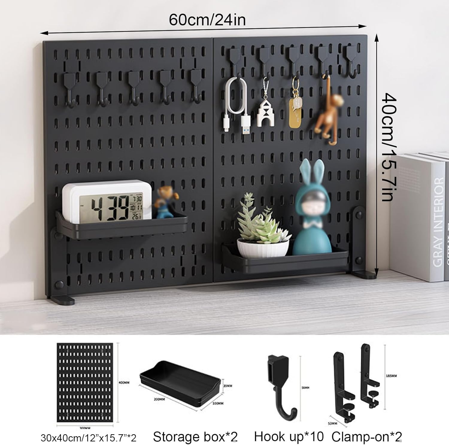 CARLA HOME 2 Pack Desk Pegboard Organizer Kit  with Hooks, Tray & Mount Ideal for Office, Gaming Setup & Home Workspace Organization (Black) - Image 2