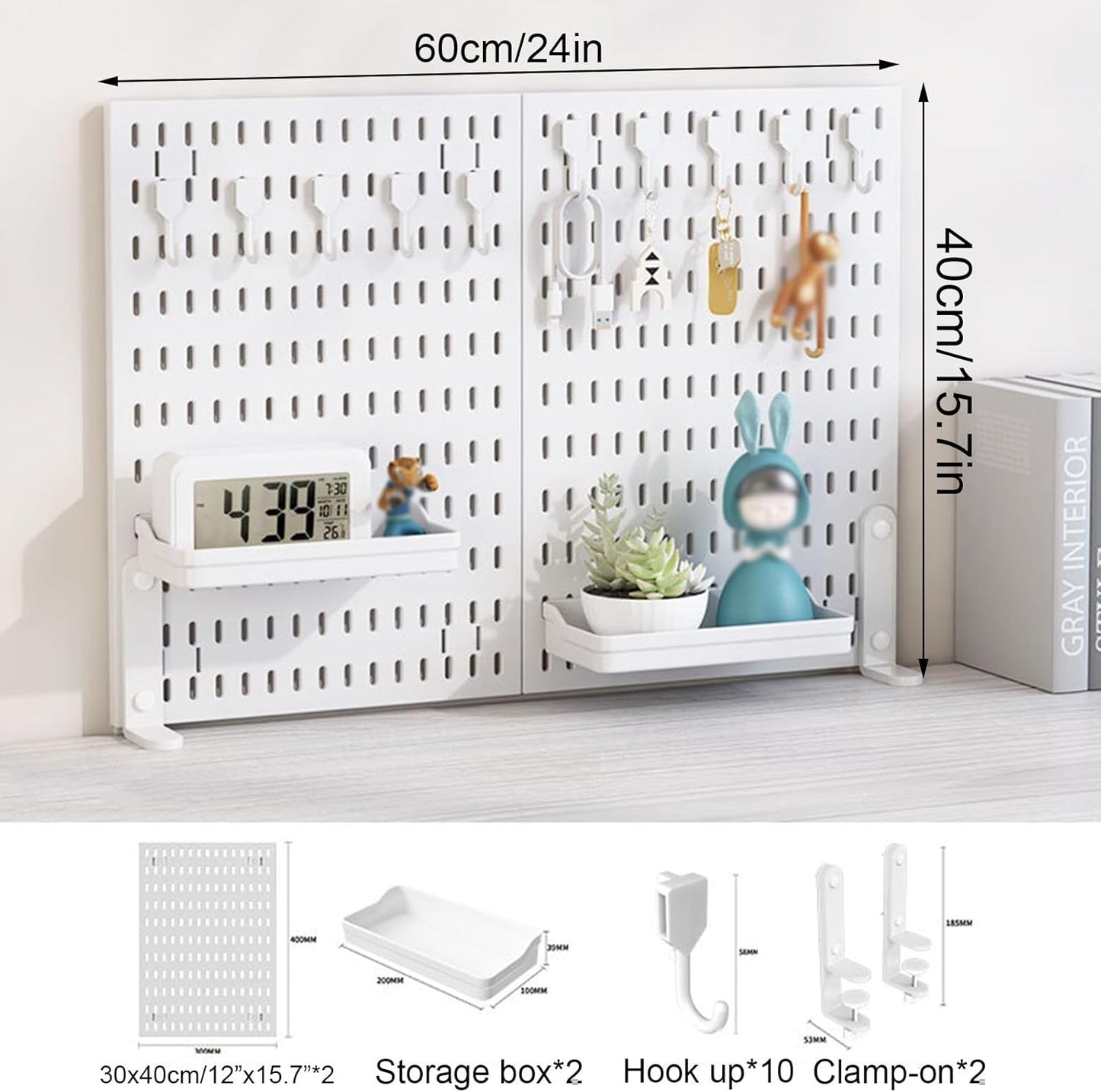 CARLA HOME 2 Pack Desk Pegboard Organizer Kit  with Hooks, Tray & Mount Ideal for Office, Gaming Setup & Home Workspace Organization (White) - Image 2