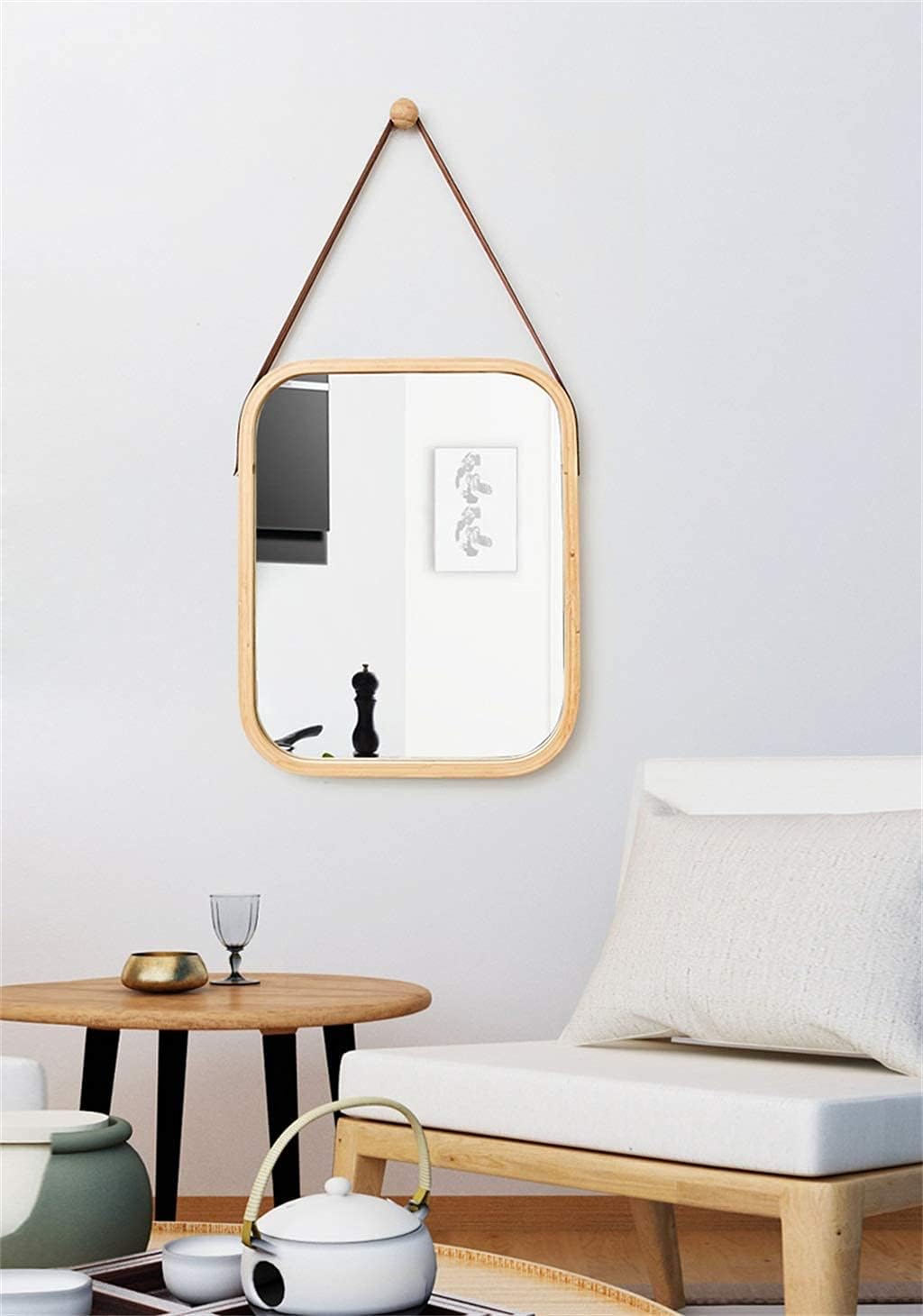 CARLA HOME Hanging Wall Mirror with Bamboo Frame with Adjustable Leather Strap for Bathroom, Bedroom, Vanity or Entryway (40x33 cm) - Image 2