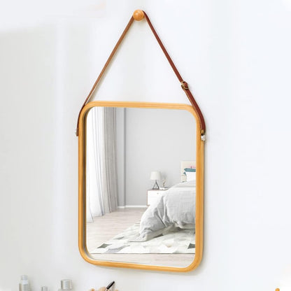 CARLA HOME Hanging Wall Mirror with Bamboo Frame with Adjustable Leather Strap for Bathroom, Bedroom, Vanity or Entryway (40x33 cm) - Image 3