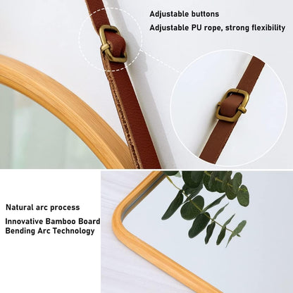 CARLA HOME Hanging Wall Mirror with Bamboo Frame with Adjustable Leather Strap for Bathroom, Bedroom, Vanity or Entryway (40x33 cm) - Image 4