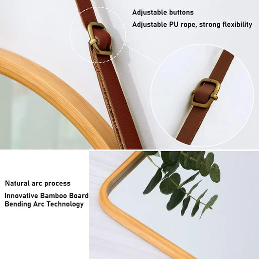 CARLA HOME Hanging Wall Mirror with Bamboo Frame with Adjustable Leather Strap for Bathroom, Bedroom, Vanity or Entryway (40x33 cm) - Image 4