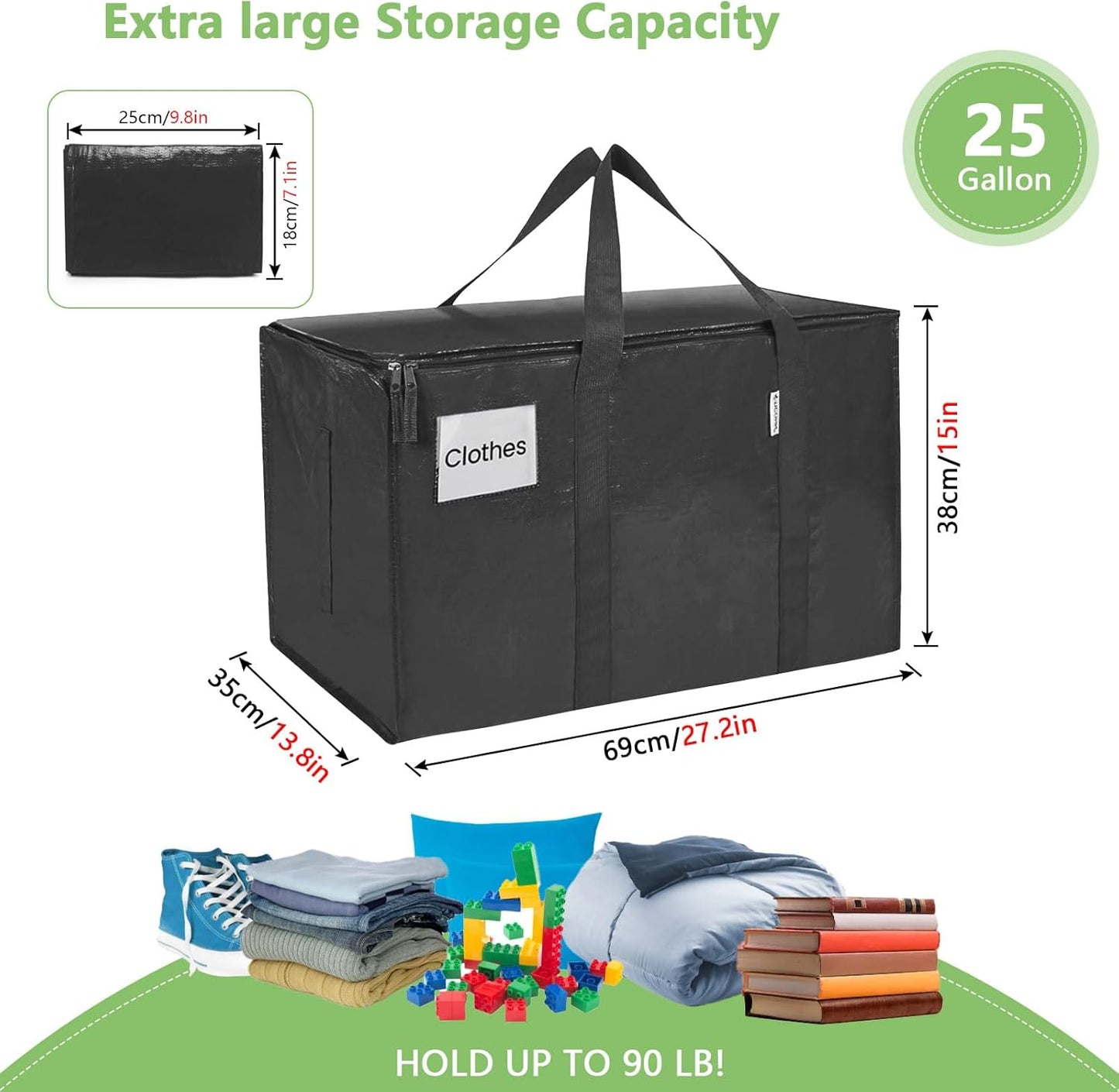 CARLA HOME 6-Pack Large Moving Storage Bags with Zippers & Handles with 95 Liters Capacity for Space Saving, Travel, Camping & Organization (Black) - Image 2