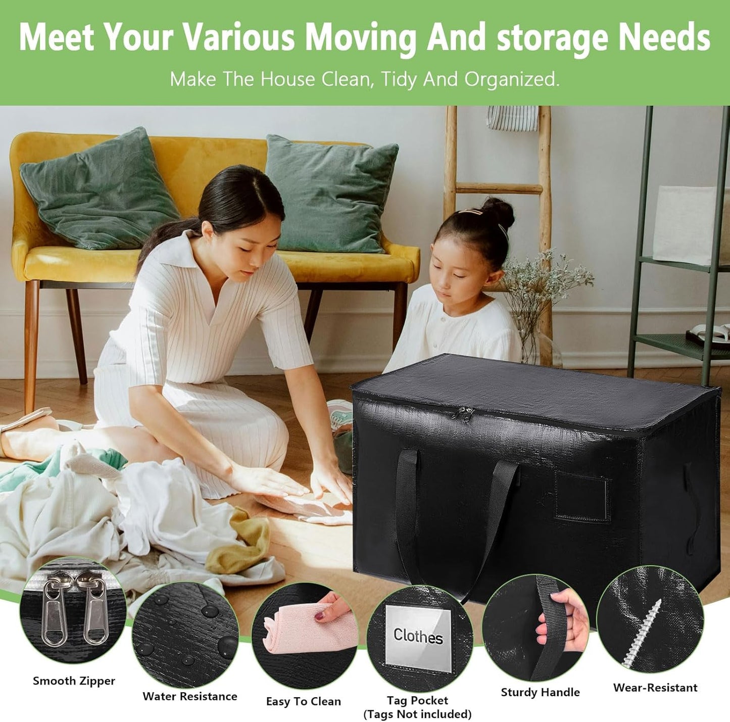 CARLA HOME 6-Pack Large Moving Storage Bags with Zippers & Handles with 95 Liters Capacity for Space Saving, Travel, Camping & Organization (Black) - Image 5